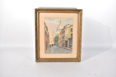 une image d'une peinture représentant une scène de rue dans un cadre doré