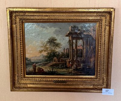 une peinture à l'huile représentant un paysage avec un homme et un chien