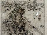 un dessin représentant une vue de la ville depuis une colline