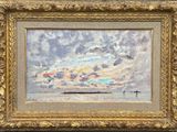 un tableau représentant un voilier sur l'eau, sous un ciel nuageux