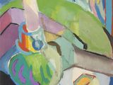 peinture d'une peinture d'un vase et d'une banane sur une table