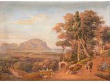 un tableau représentant un paysage avec des personnes et des animaux au premier plan