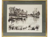 une image représentant un dessin en noir et blanc d'un lac