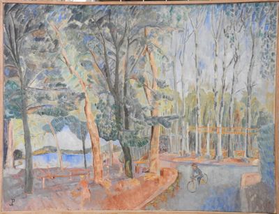 un tableau représentant un homme à vélo dans un parc