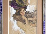 tableau représentant une femme coiffée d'un chapeau, dans un cadre en bois