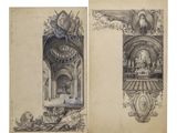 two drawings of a church with a clock and a statue