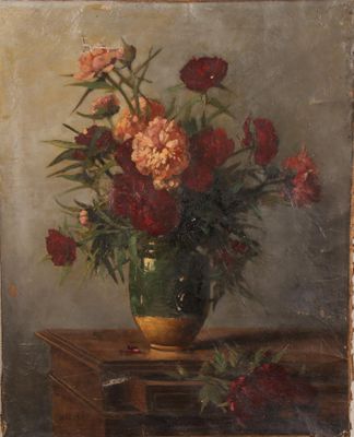 tableau représentant un vase de fleurs posé sur une table, avec des fraises et des fraises