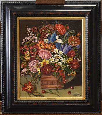 a painting of flowers in a vase on a table