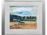 l'image d'une peinture représentant un champ avec une maison au loin