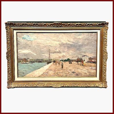 tableau représentant une scène de plage avec des personnes marchant sur le sable