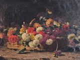 une peinture représentant un panier de fleurs sur une table