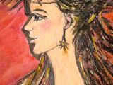 painting of a woman with long hair wearing a feathered headdress