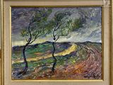 an oil painting of two trees in a field with a cloudy sky