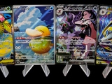 four different types of pokemon cards on display in a row