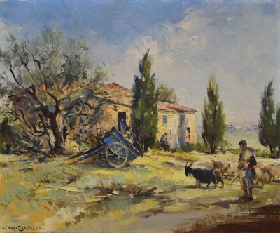 une image représentant un tableau où l'on voit un homme avec un cheval et une charrette devant une maison