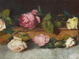 an oil painting of roses in a wooden box on a table