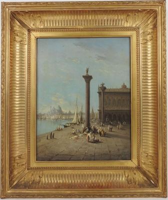 une image représentant une peinture d'une vue de ville avec une colonne au premier plan