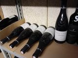 several bottles of wine are lined up on a shelf in a wine shop
