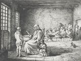 drawing of a family in a hospital room with a baby in the foreground