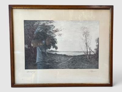 an old picture of a person standing in a field near a tree