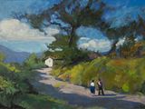 painting of two people walking down a dirt road with a house in the background