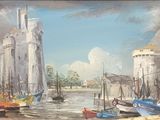 a painting of boats in a harbor with a castle in the background
