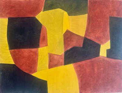 peinture abstraite représentant des formes rouges, jaunes et noires sur fond blanc