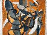 une image représentant un tableau accroché à un mur blanc, aux couleurs orange et bleues