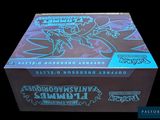 a close up of a box of pokemon cards on a black background