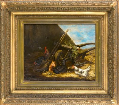 une peinture à l'huile représentant des poulets dans une cour de ferme