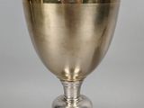 silver plated chalicee on a silver pedestal with a silver background