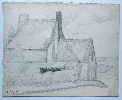 dessin représentant une maison devant laquelle se trouve un bateau