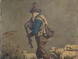 tableau représentant un berger et son troupeau de moutons dans un paysage