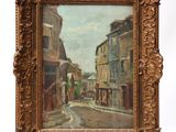 une peinture à l'huile représentant une scène de rue, dans un cadre doré