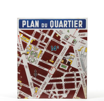 map of plan du quartier in red and white with blue lettering