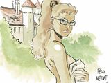 dessin représentant une femme à lunettes tenant un livre devant un château