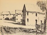 une image représentant un dessin d'un bâtiment devant lequel se trouve une calèche