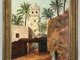 une peinture à l'huile représentant une scène de village avec un homme et une femme devant un bâtiment