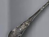 a silver spoon with a gold spoon handle on it