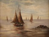 painting of a group of sailboats in a body of water with rocks in the background