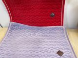 une chaise violette et rouge, avec un coussin rouge dessus