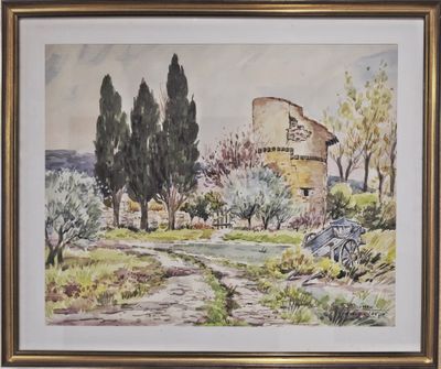 framed watercolor painting of a country road with a stone building in the background