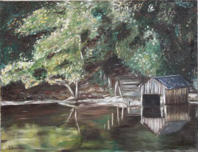 un tableau représentant un hangar à bateaux au bord de l'eau