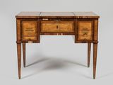 a wooden desk with two drawers and a drawer on top of it