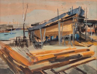 a painting of a boat that is sitting on a dock