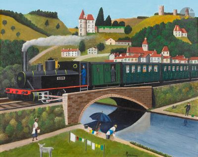 un tableau représentant un train traversant un pont