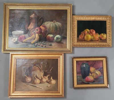 painting of a still life of apples, pears, pears, and a pitcher hanging on a wall