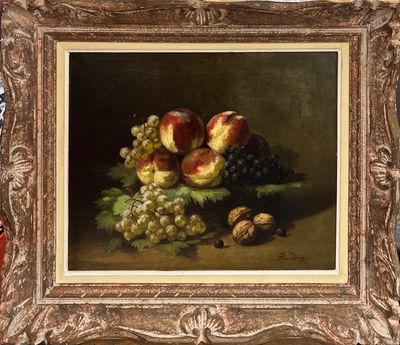 tableau représentant une nature morte composée de fruits et de noix posés sur une table