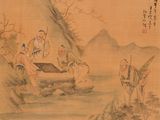 chinese painting of a group of men sitting on a rock
