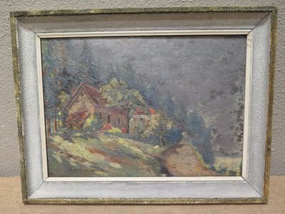 an image of a painting of a house on a hill